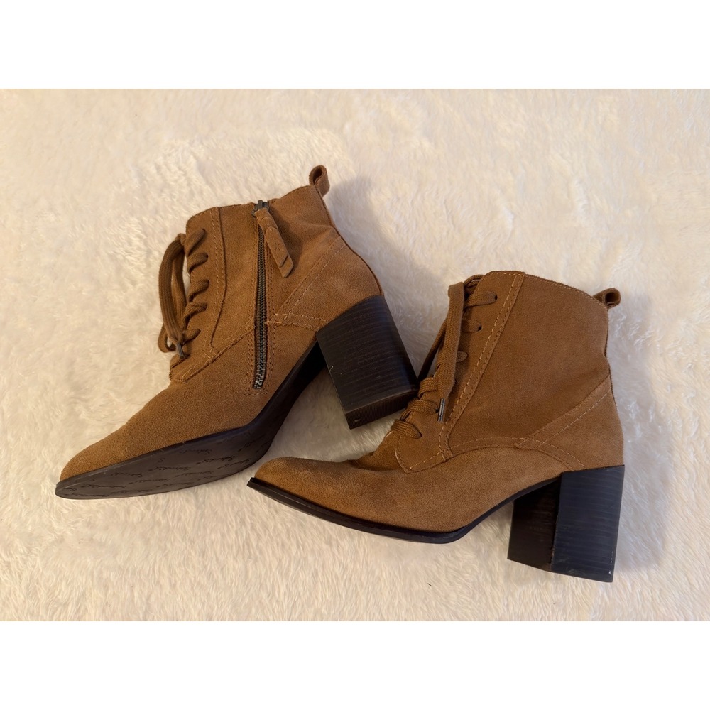 Splendid Tan Suede Lace Up Ankle Boots Block Heel Side Zip Womens 8.5 M